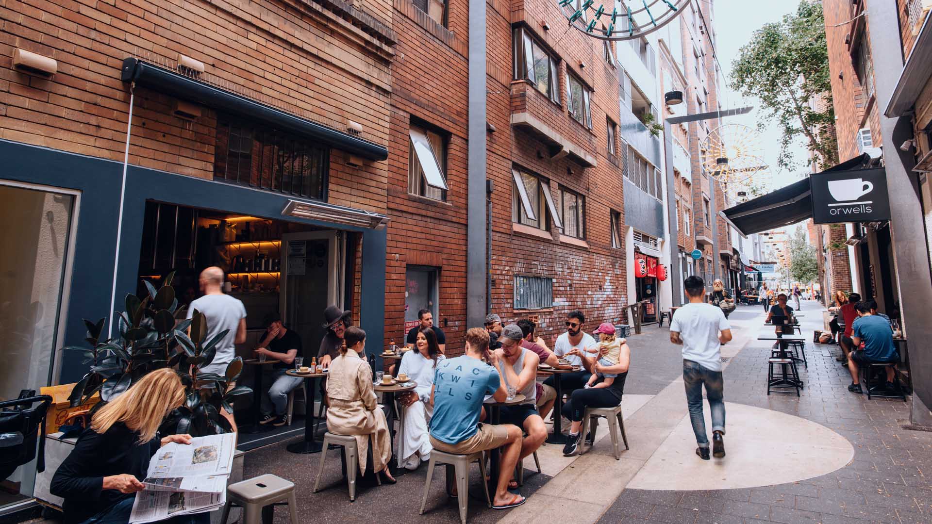 The outdoor dining tables at Room Ten cafe in Sydney.