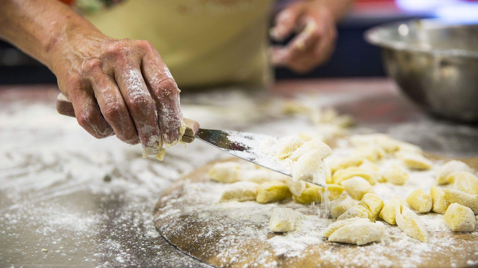 Making pasta at cooking school La Tavola at Pizzini winery in the Victorian High Country