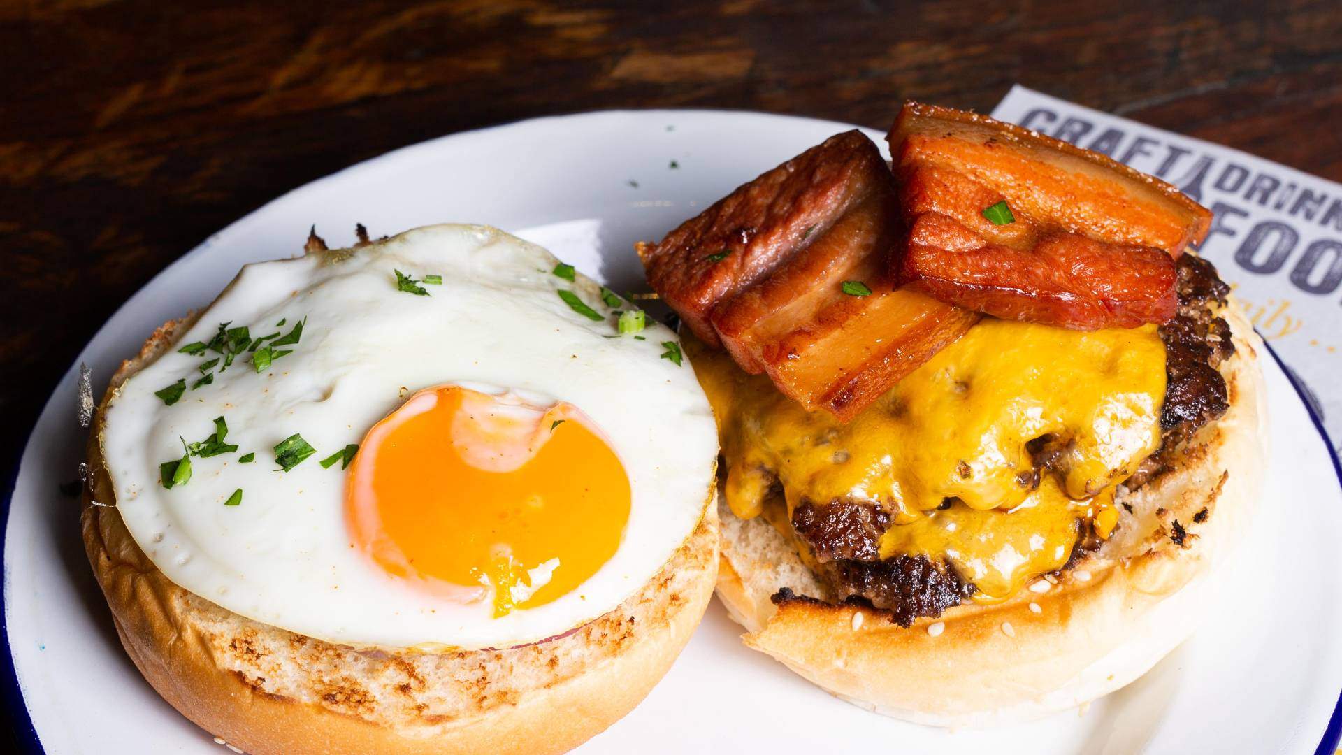 cheeseburger with fried egg from 5 Boroughs