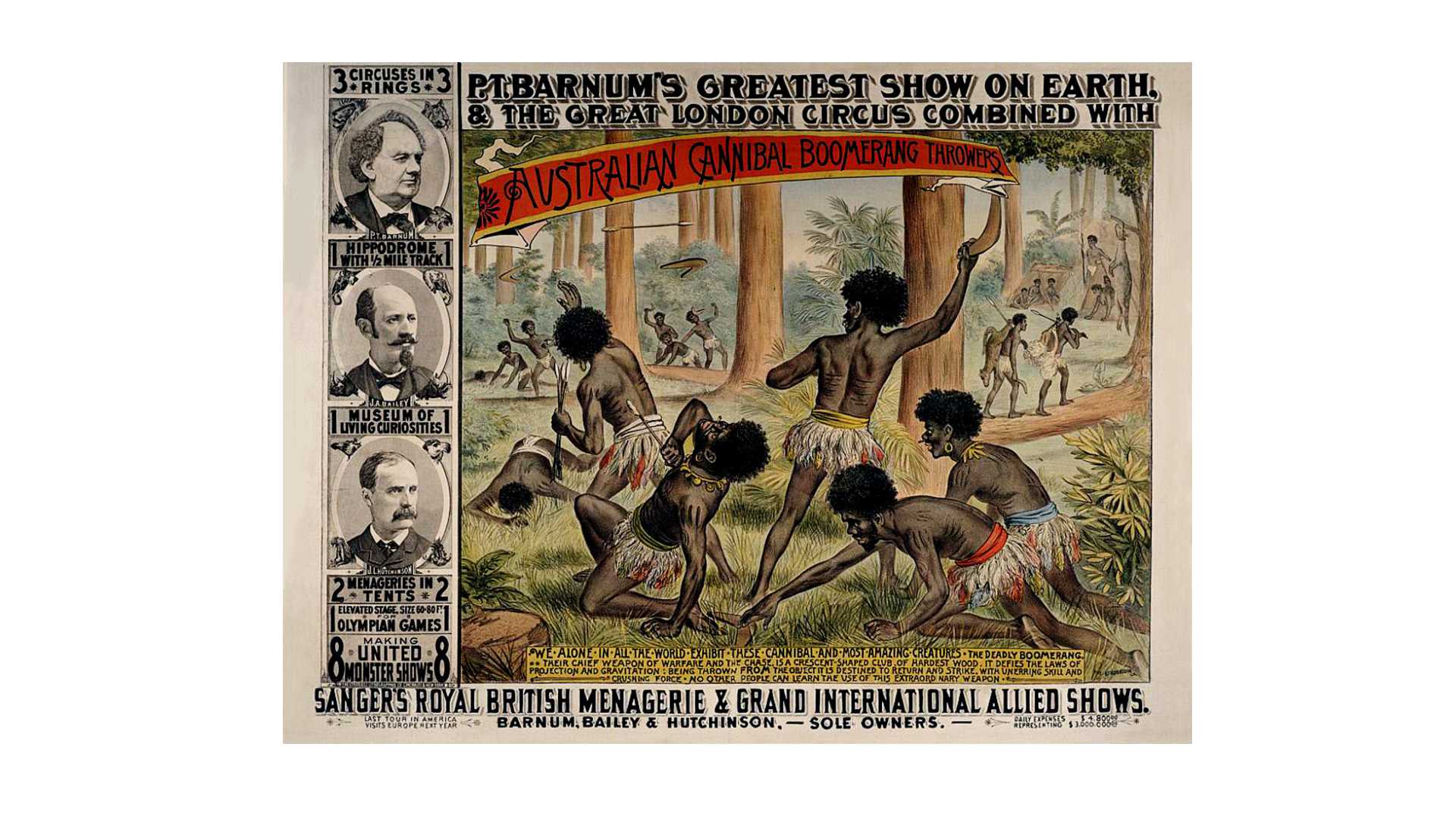 'Australian Cannibal Boomerang Throwers' 1880s poster