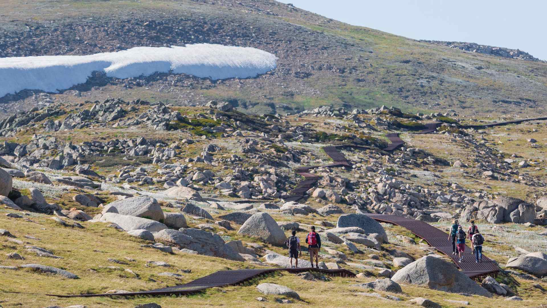 Hikers enjoying a scenic walk through Kosciuszko National Park, Kosciuszko