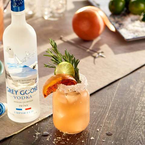 Cocktail and bottle of Grey Goose