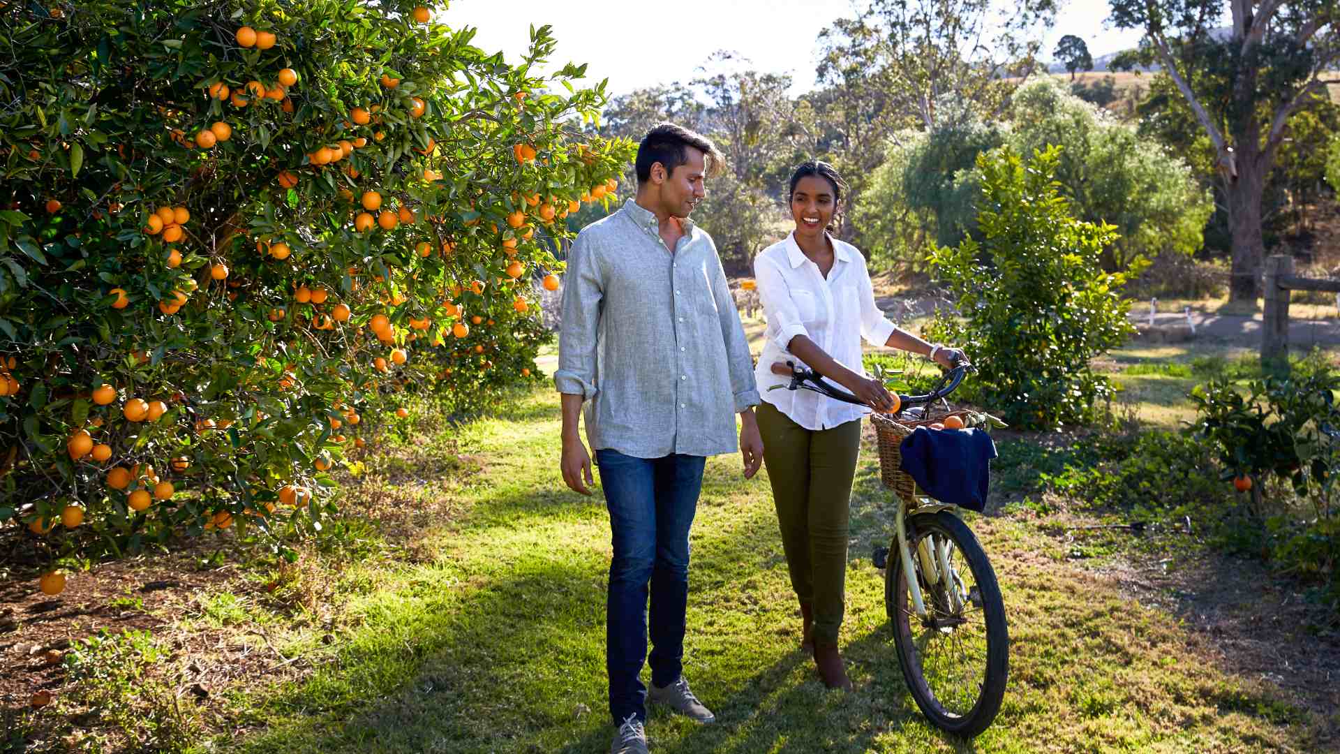 Man and woman in Tinkler Wines vineyard with a bicycle - day trips best from sydney
