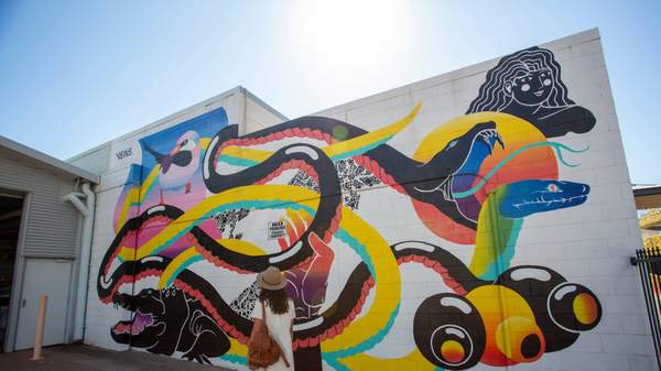 Woman looking at street art in Darwin