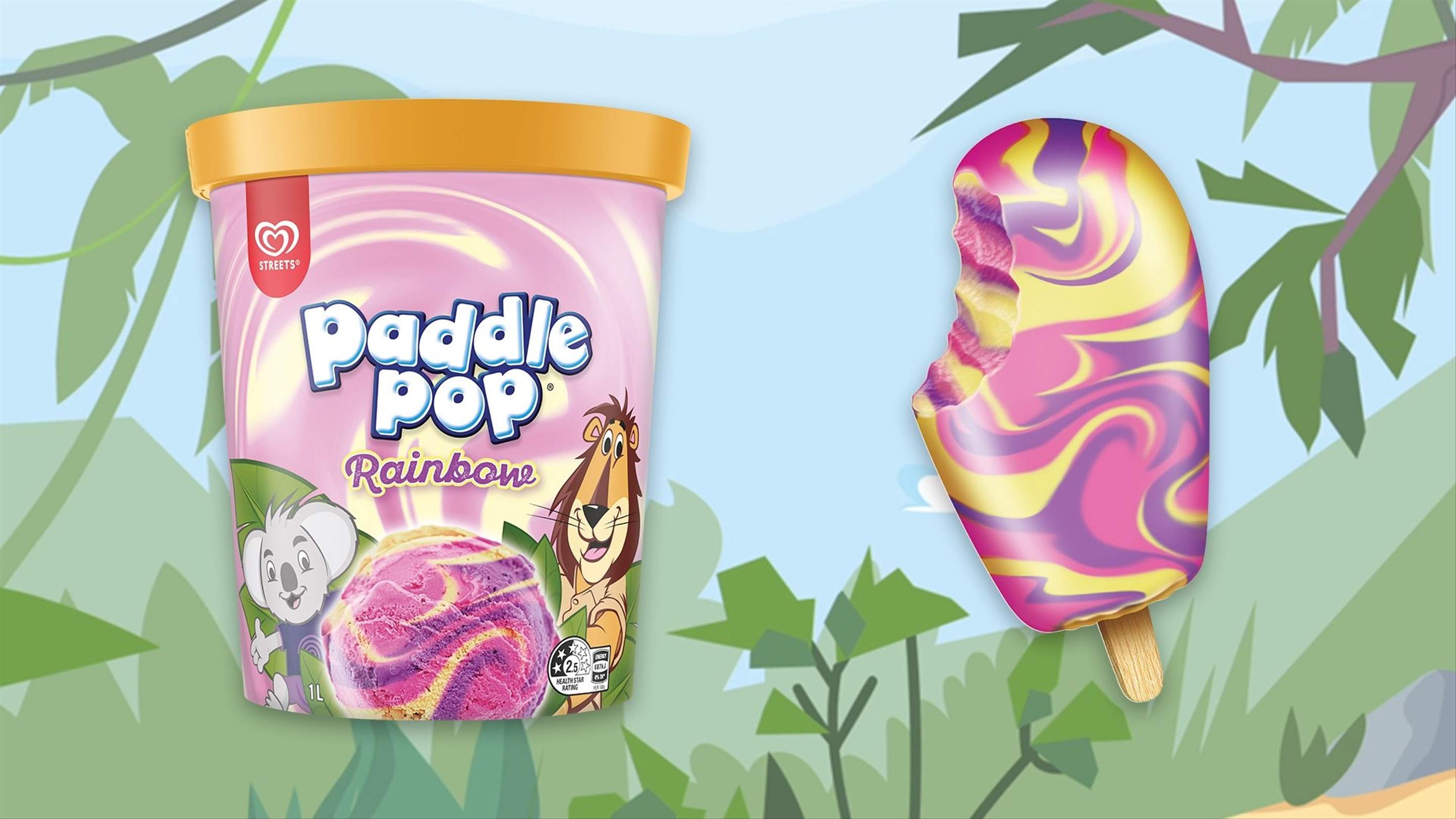 Tubs of Rainbow Paddle Pop and Bubble O
