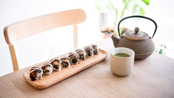 tea and vegan sushi at Comeco in Sydney's Newtown