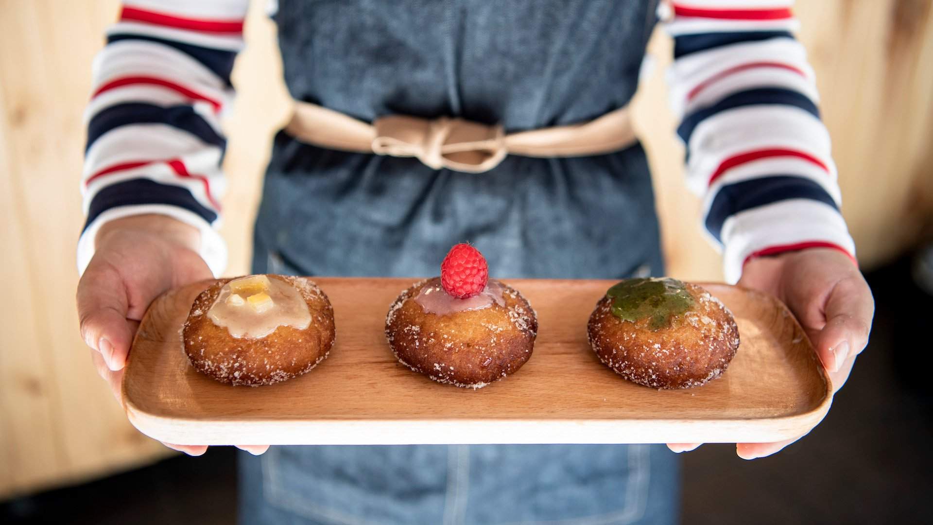 vegan doughnuts on a wooden board - Comeco in Sydney's Newtown