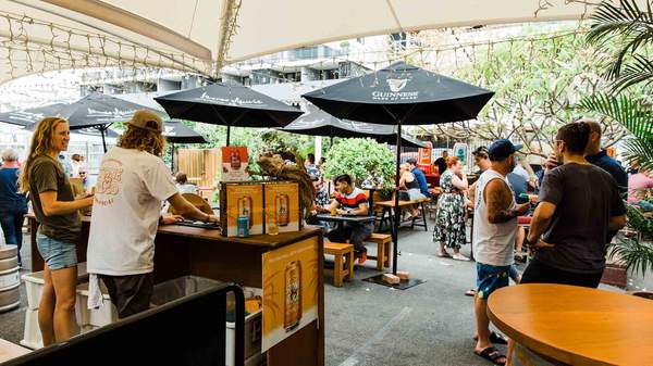 The outdoor bar at the Pig N Whistle in Brisbane
