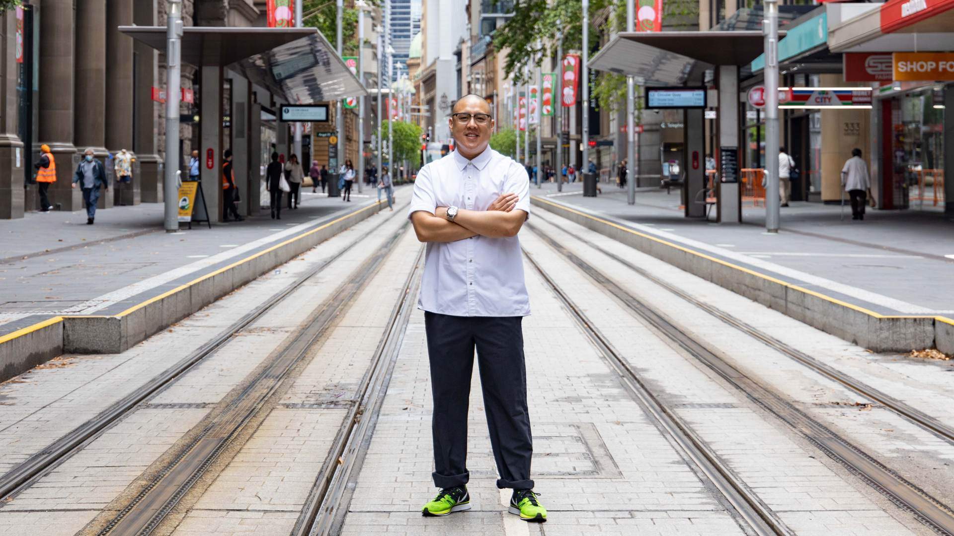 MuMu's chef Dan Hong in Sydney's CBD (standing in the middle of the light rail tracks)