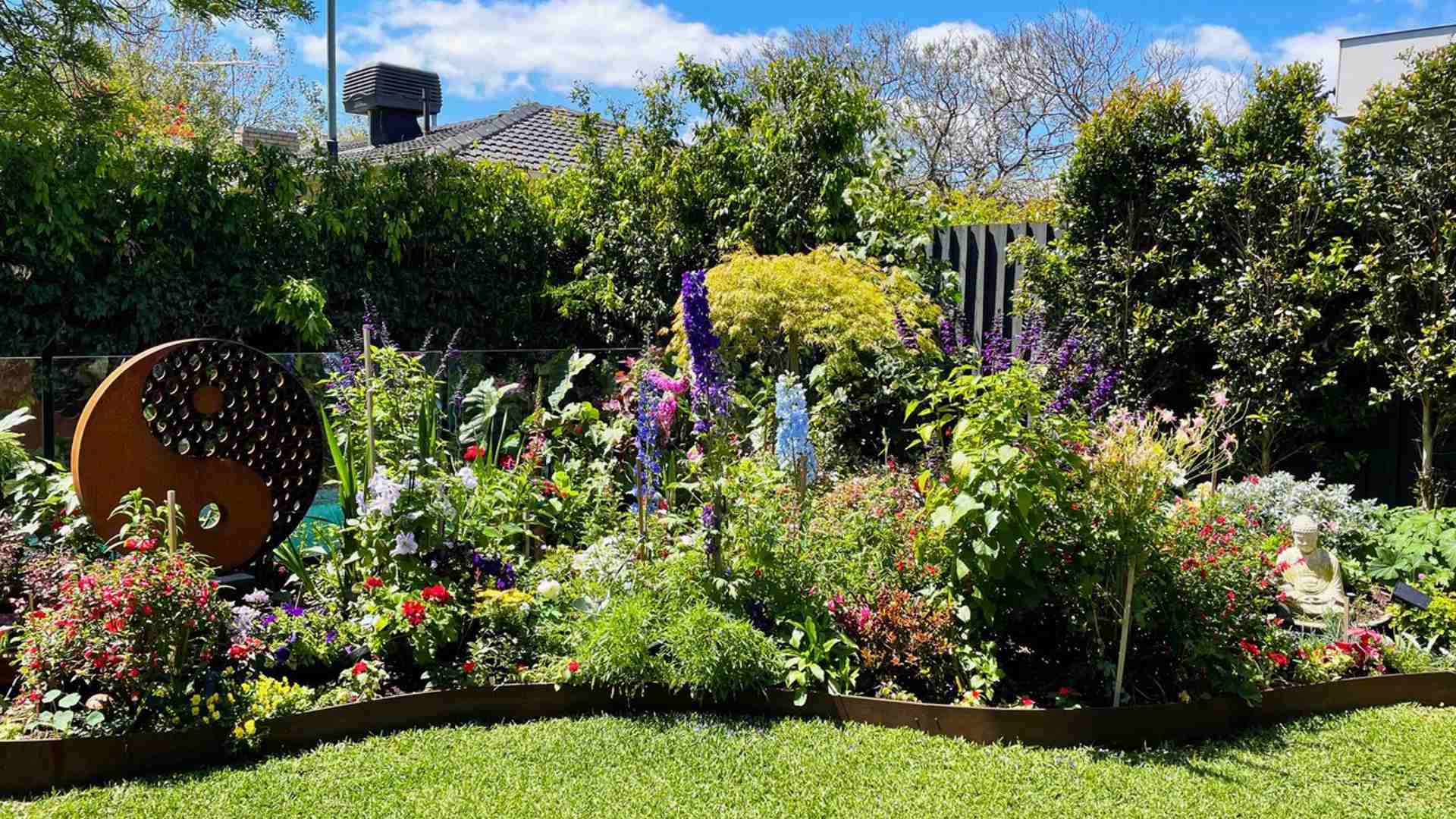 Garden with a colourful flower bed