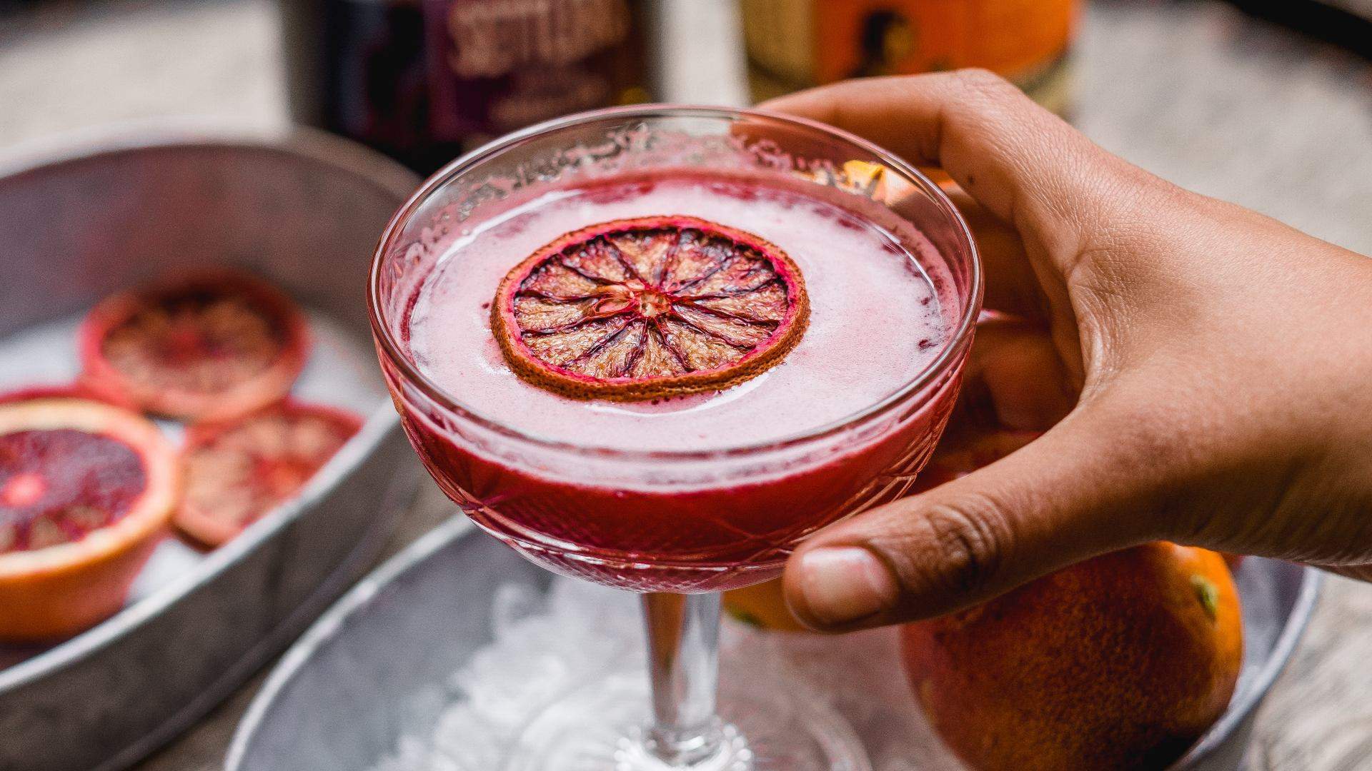 Closeup of a pink cocktail