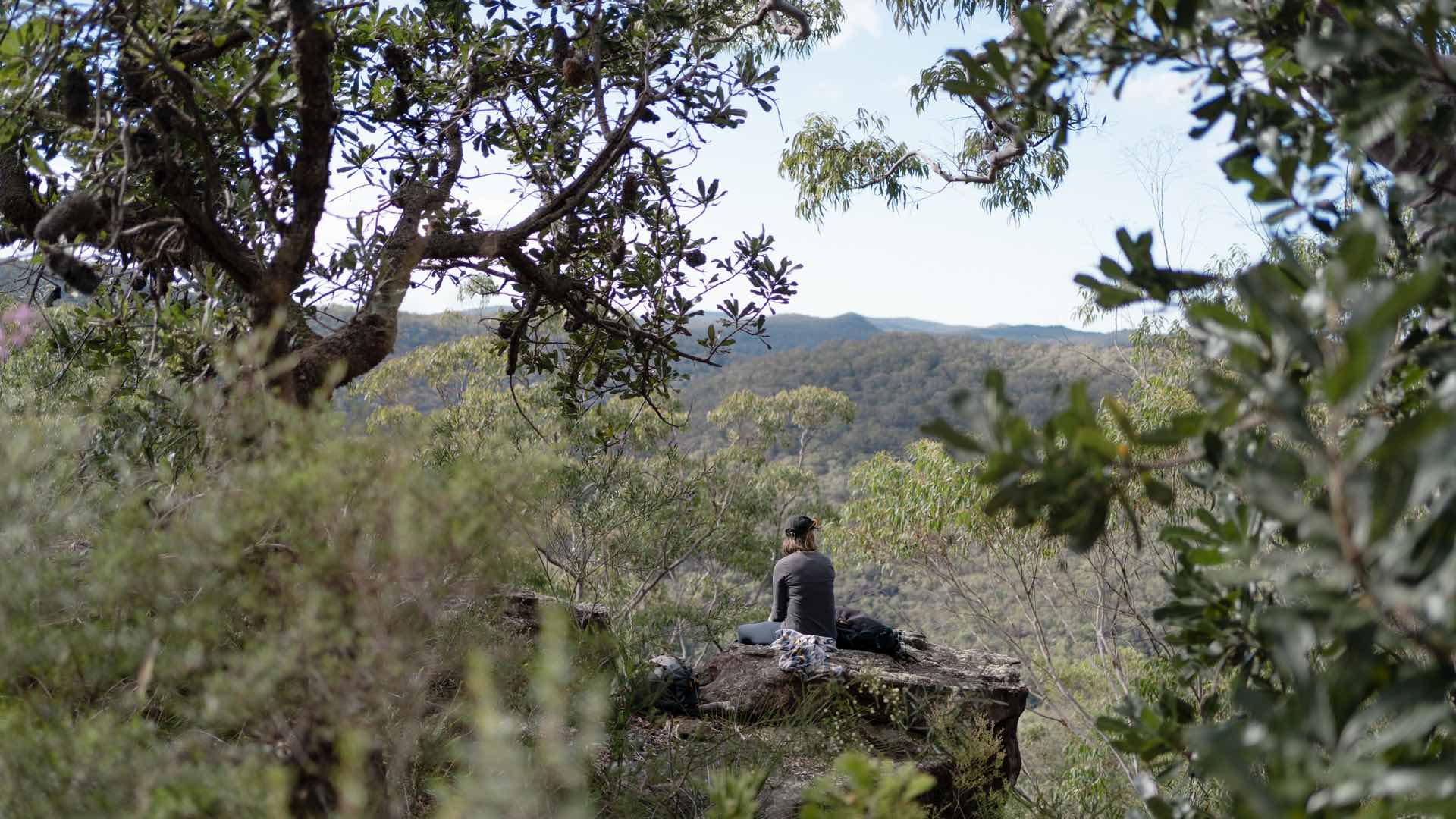 Woman sitting and looking out at bushland landscape