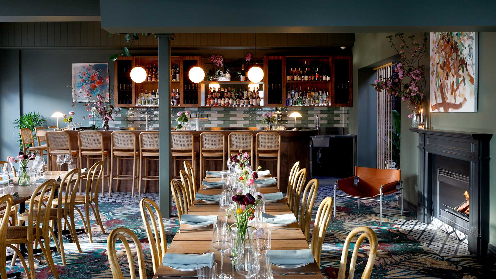 Long tables set for a lunch at Perry's