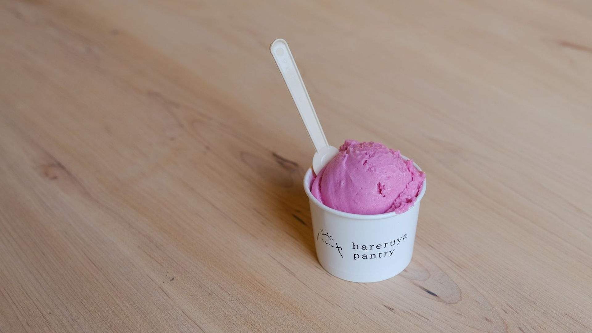 Close up of gelato in cup with soon at Hareruya - cafe melbourne.