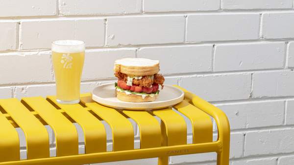 Sandwich and beer outside Freshwater Brewing Co in Sydney. 