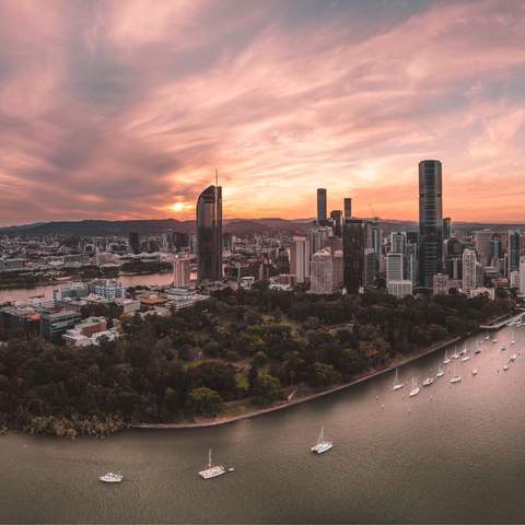 Photo of sunset with Brisbane city skyline.