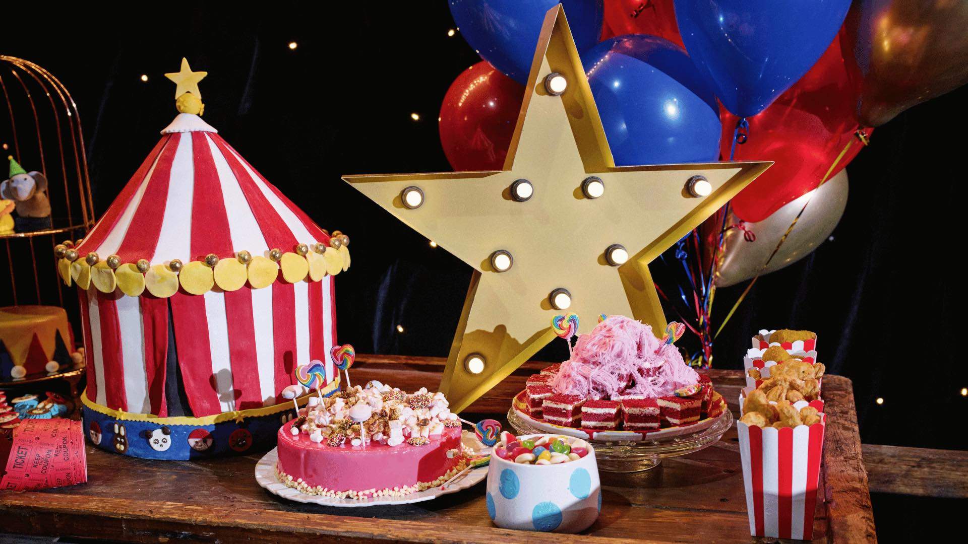 A selection of cake and snacks at the Circus Extravaganza High Tea Buffet.