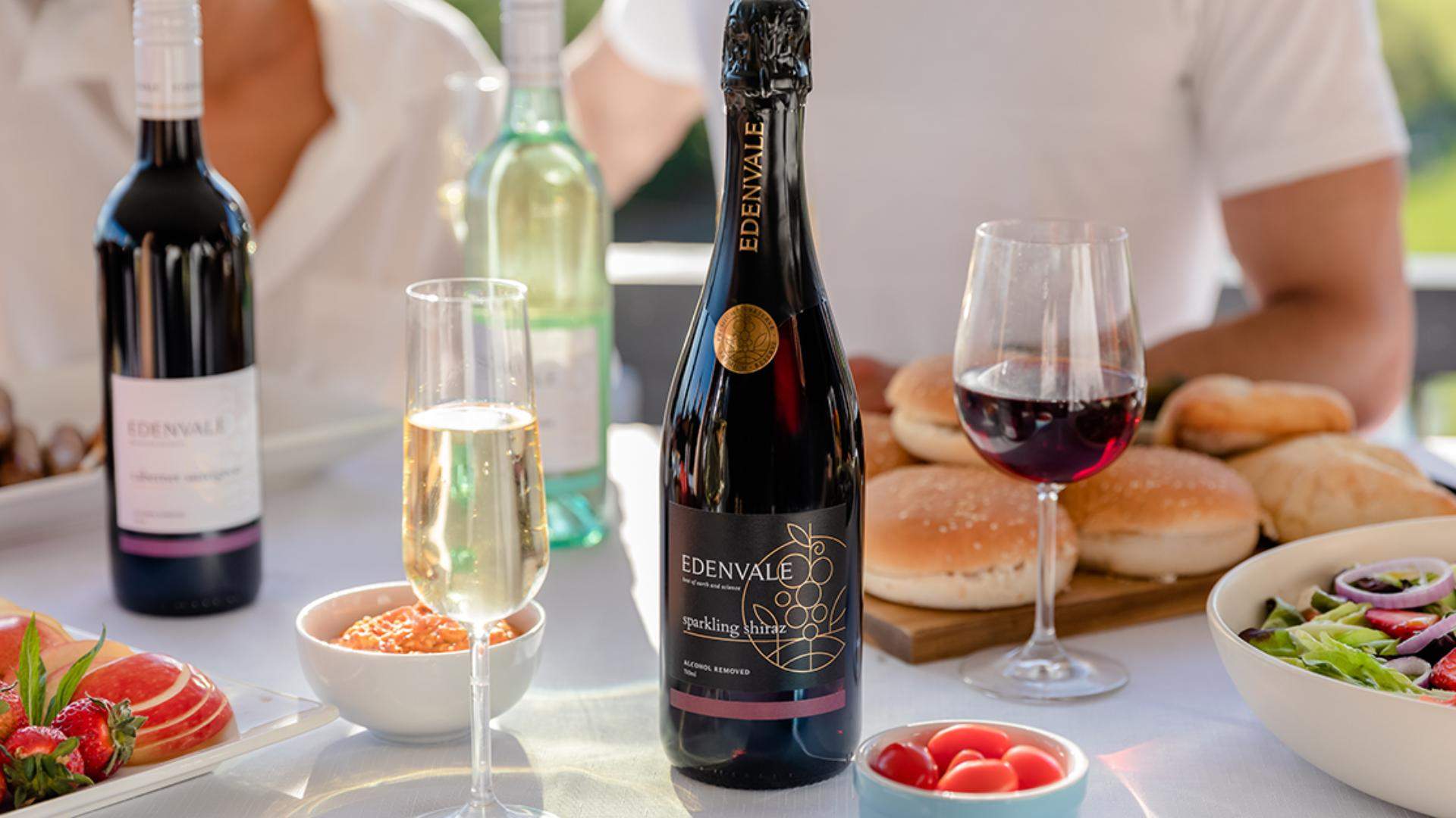 Edenvale Wines alcohol-removed Sparkling Shiraz on a table with burgers