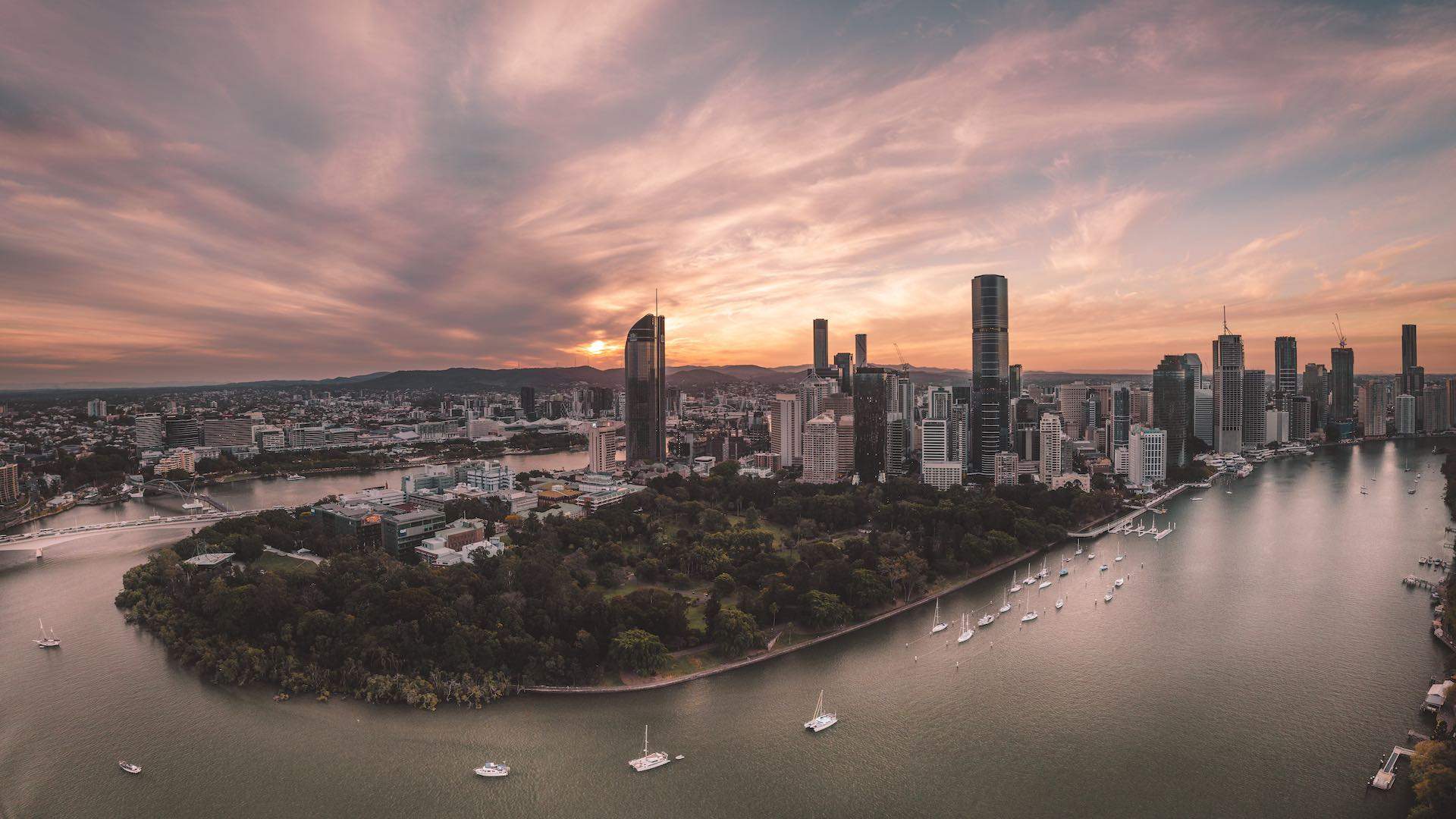 Aerial view of Brisbane at sunset