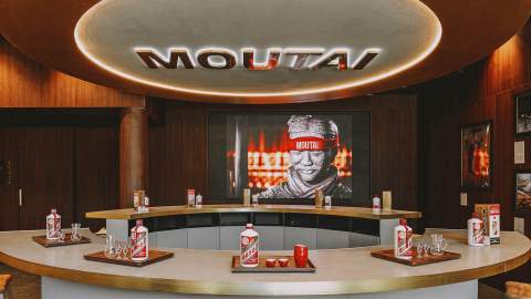 The circular bar with bottles of Moutai at the new Melbourne Moutai store