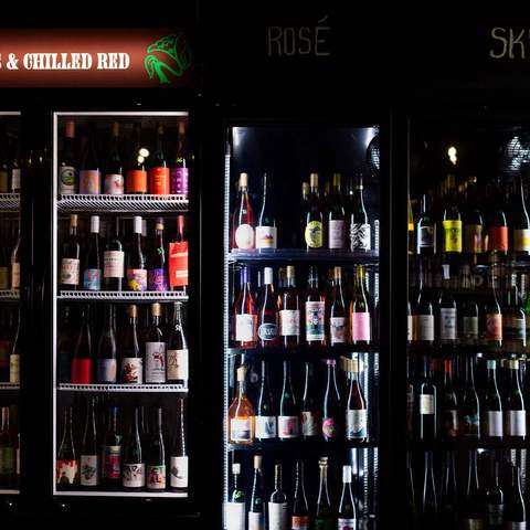 SPON by Odd Culture bottle shop and wine bar on King Street, skin contact and chilled red wine fridges.