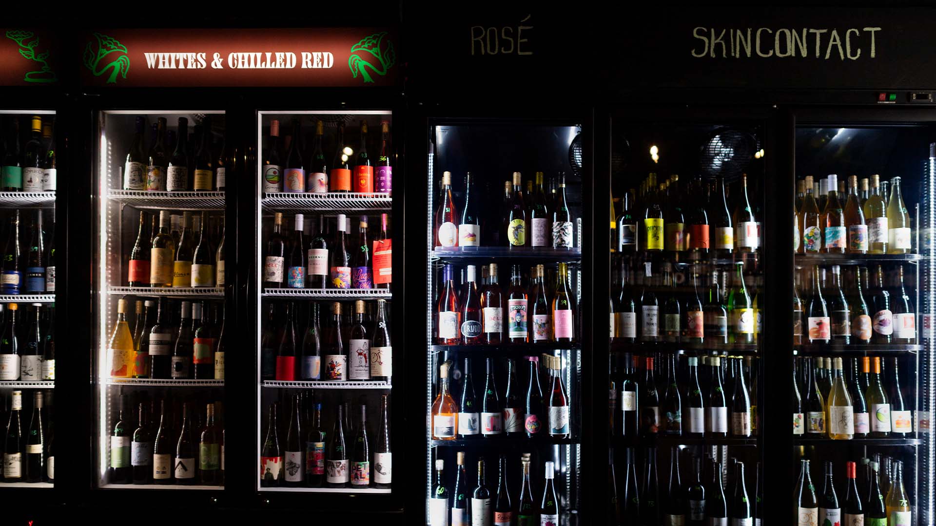 SPON by Odd Culture bottle shop and wine bar on King Street, skin contact and chilled red wine fridges.