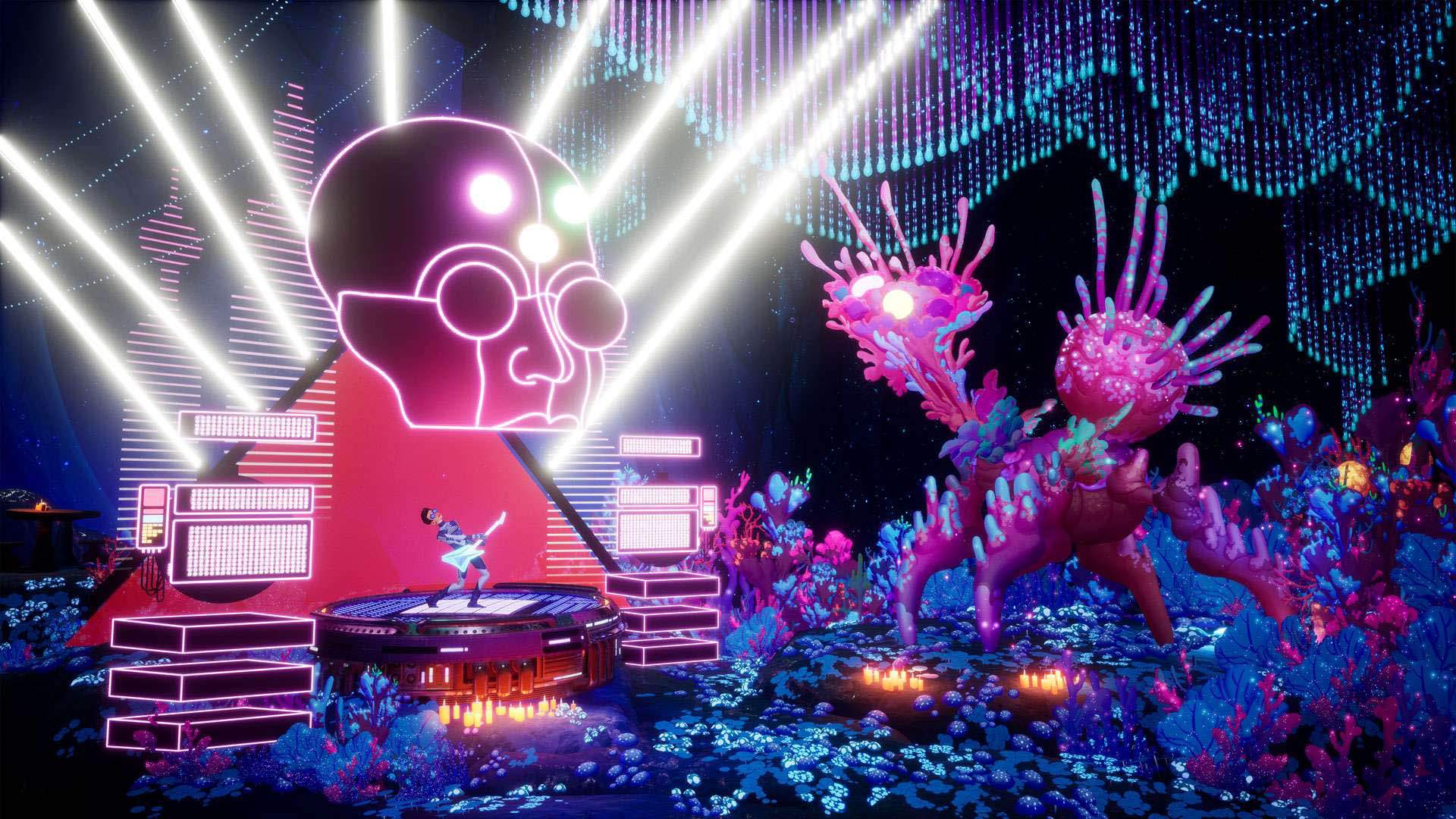 A screenshot from The Artful Escape, one of the best Australian games, showing the main character Francis Vendetti playing a spectacular concert to an alien creature
