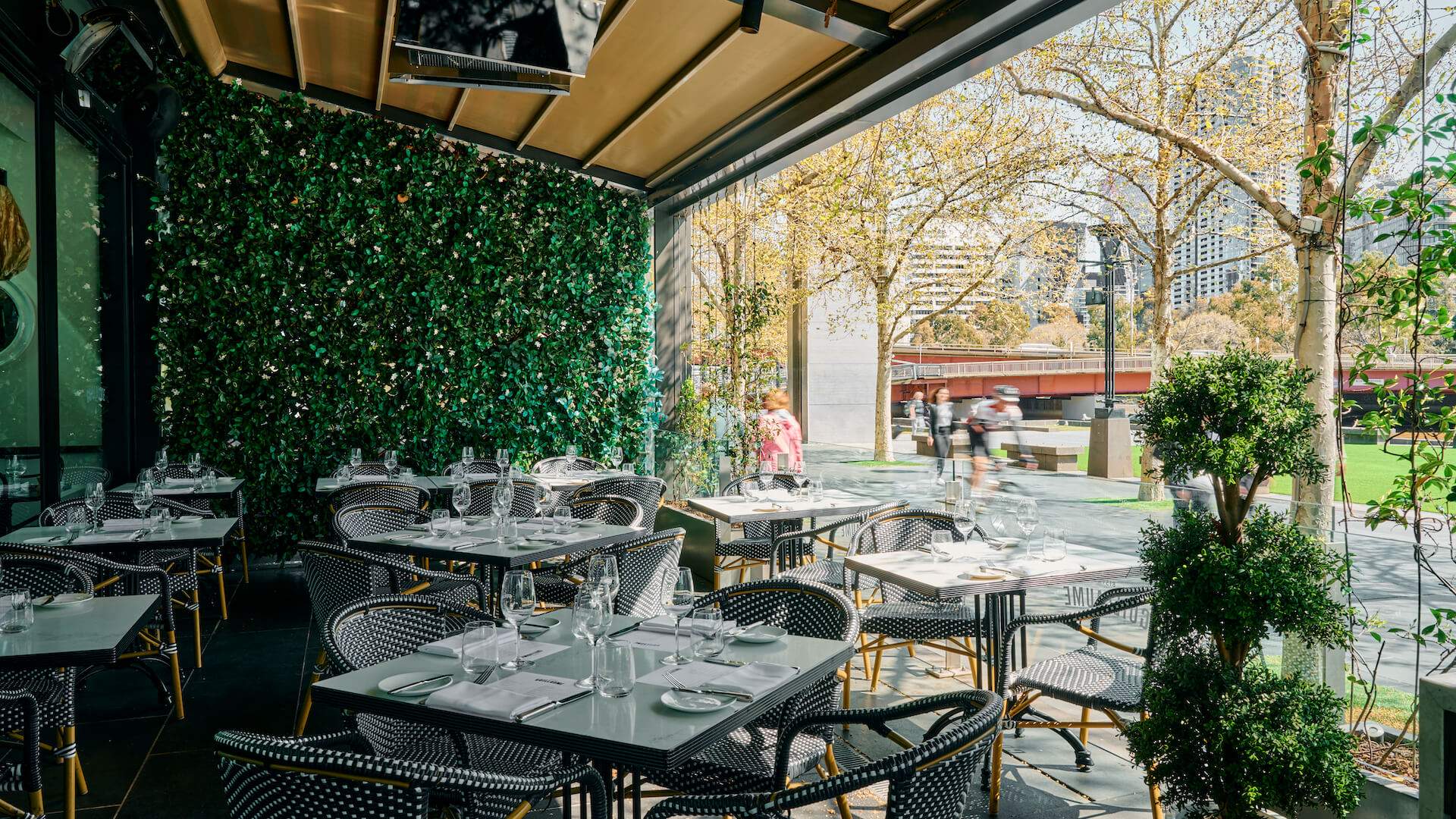 Outdoor dining area at Bistro Guillaume in Crown - French restaurant melbourne