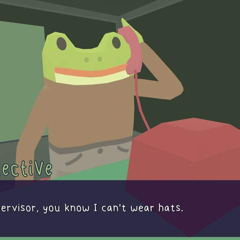 A screenshot from Frog Detective, one of the best Australian games, showing Frog Detective on the phone, saying 'Supervisor, you know I can't wear hats'