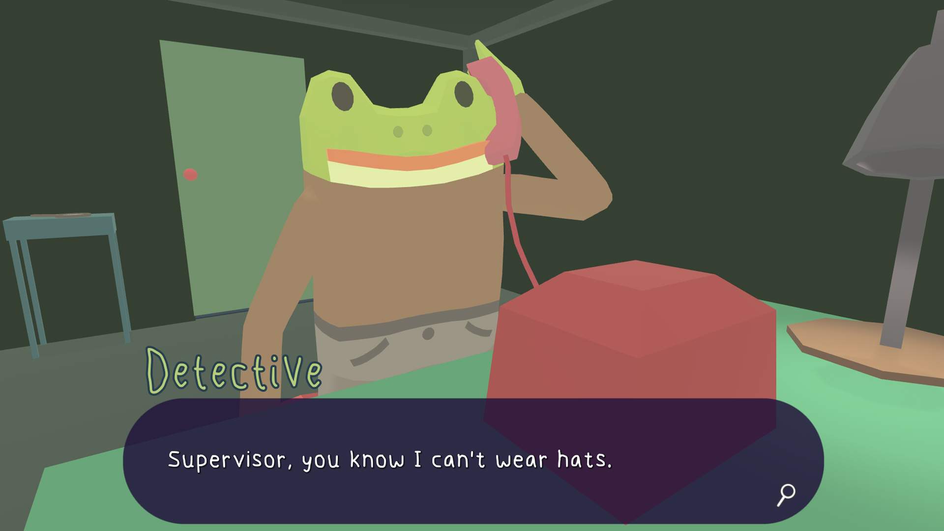 A screenshot from Frog Detective, one of the best Australian games, showing Frog Detective on the phone, saying 'Supervisor, you know I can't wear hats'