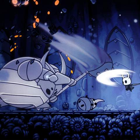 A screenshot from Hollow Knight, one of the best Australian games, showing a fight between the Hollow Knight and the False Knight