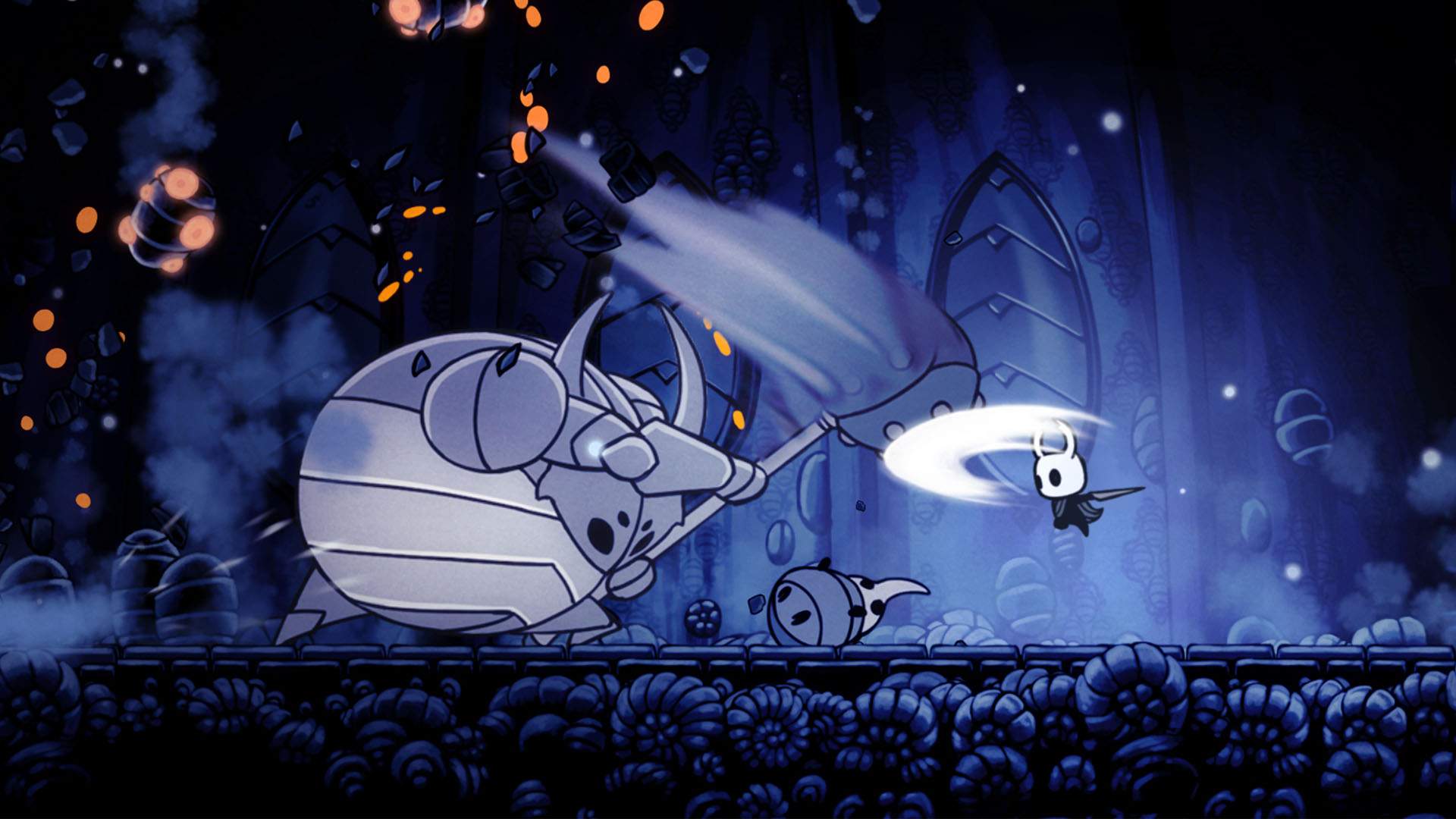 A screenshot from Hollow Knight, one of the best Australian games, showing a fight between the Hollow Knight and the False Knight