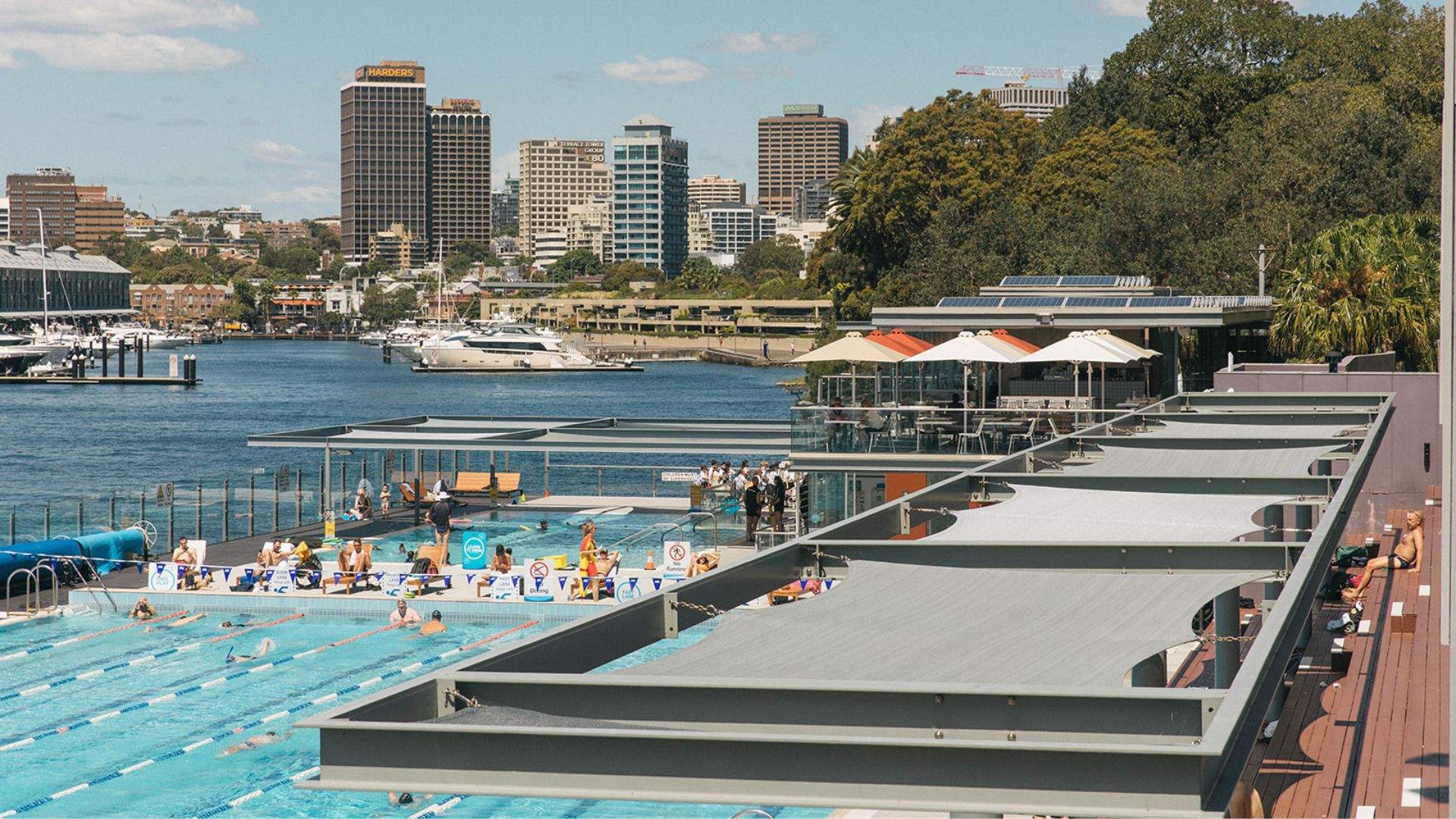 Aerial view of Oh Boy Café and the Andrew (Boy) Charlton Pool.