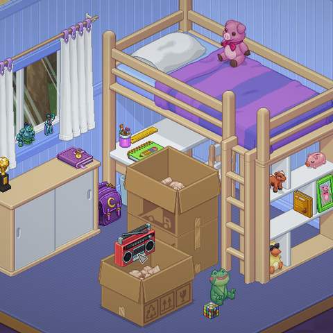 A screenshot from the game Unpacking, one of the best Australia video games, showing a little girl's possession scattered around her childhood bedroom