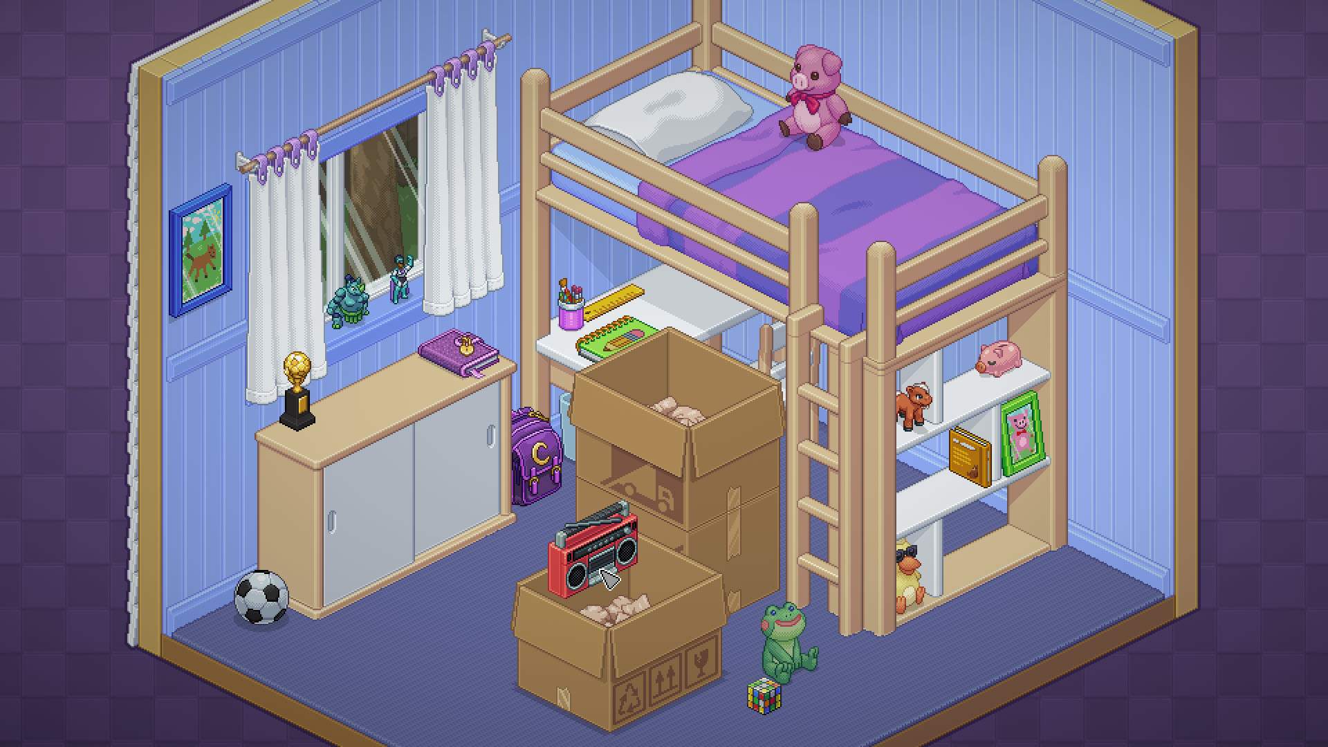 A screenshot from the game Unpacking, one of the best Australia video games, showing a little girl's possession scattered around her childhood bedroom
