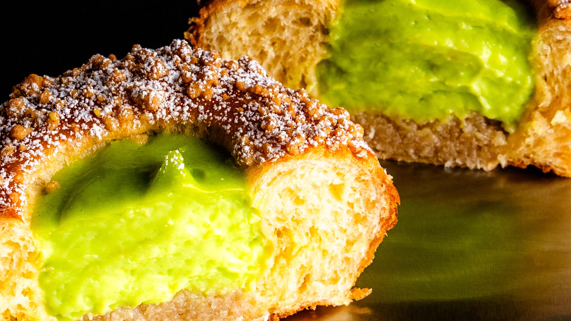 A close-up on Shadow Baking's pandan and coconut brioche
