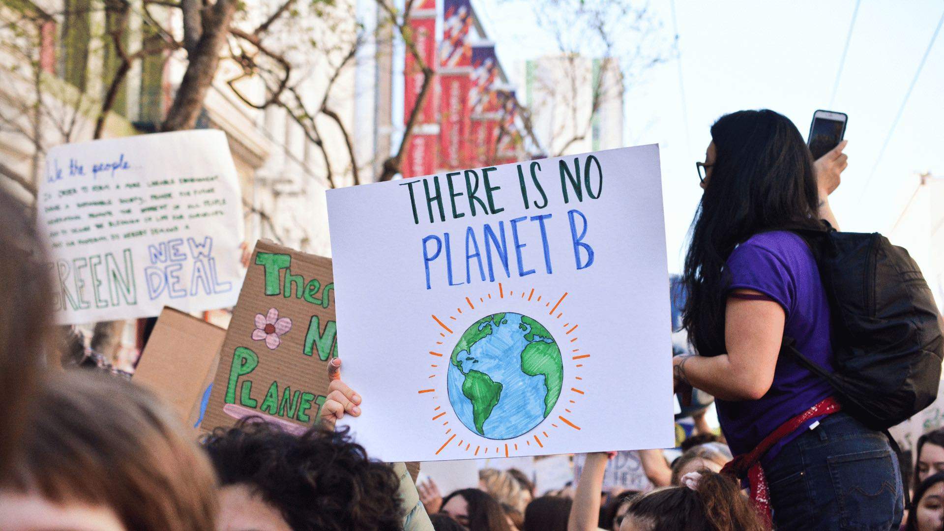A person holding up a protest sign that reads "There is no Planet B".