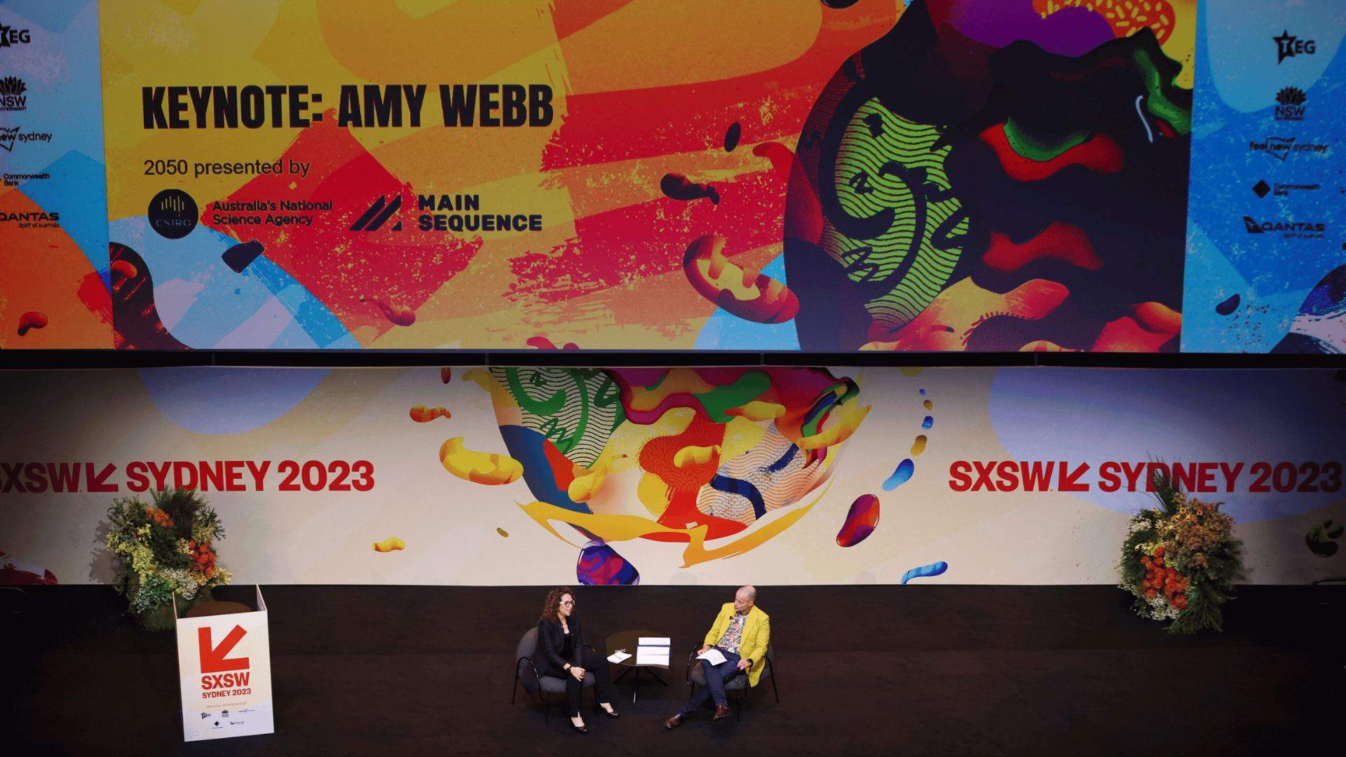 A general view as Amy Webb speaks alongside Adam Spencer during her keynote conversation at SXSW Sydney.
