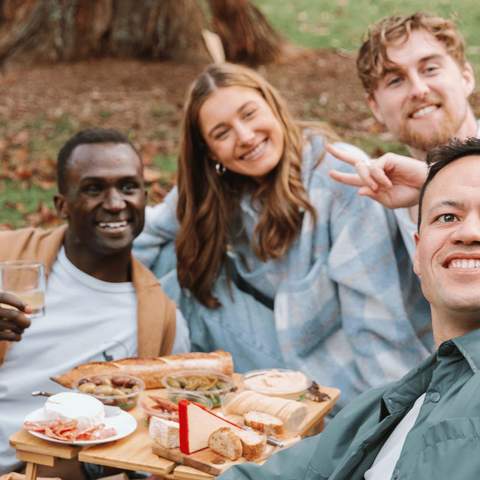 Four friends having a picnic taking a selfie.