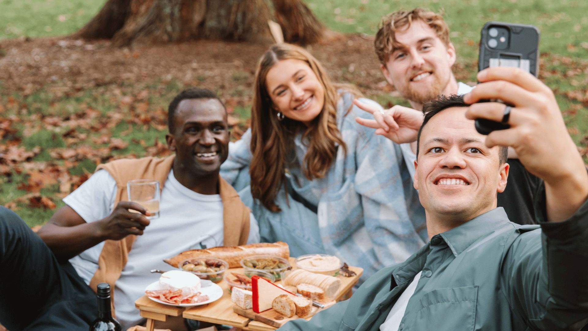 Four friends having a picnic taking a selfie.