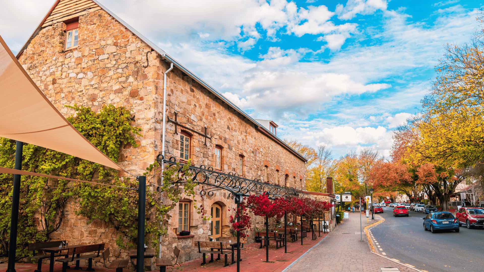 A tree-lined street in front of a brick building in Hahndorf.