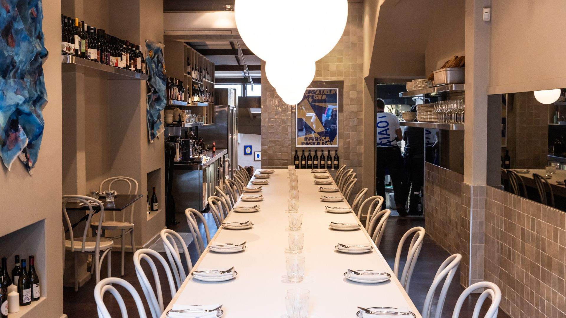 Interior shot of Fabbrica Pasta Bar's new Darlinghurst venue with communal table from A Tavola.