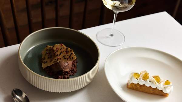 'Hunted and Gathered' chocolate mousse and ricotta Mille Feuille from Pont Dining Room at Intercontinental Sydney. 