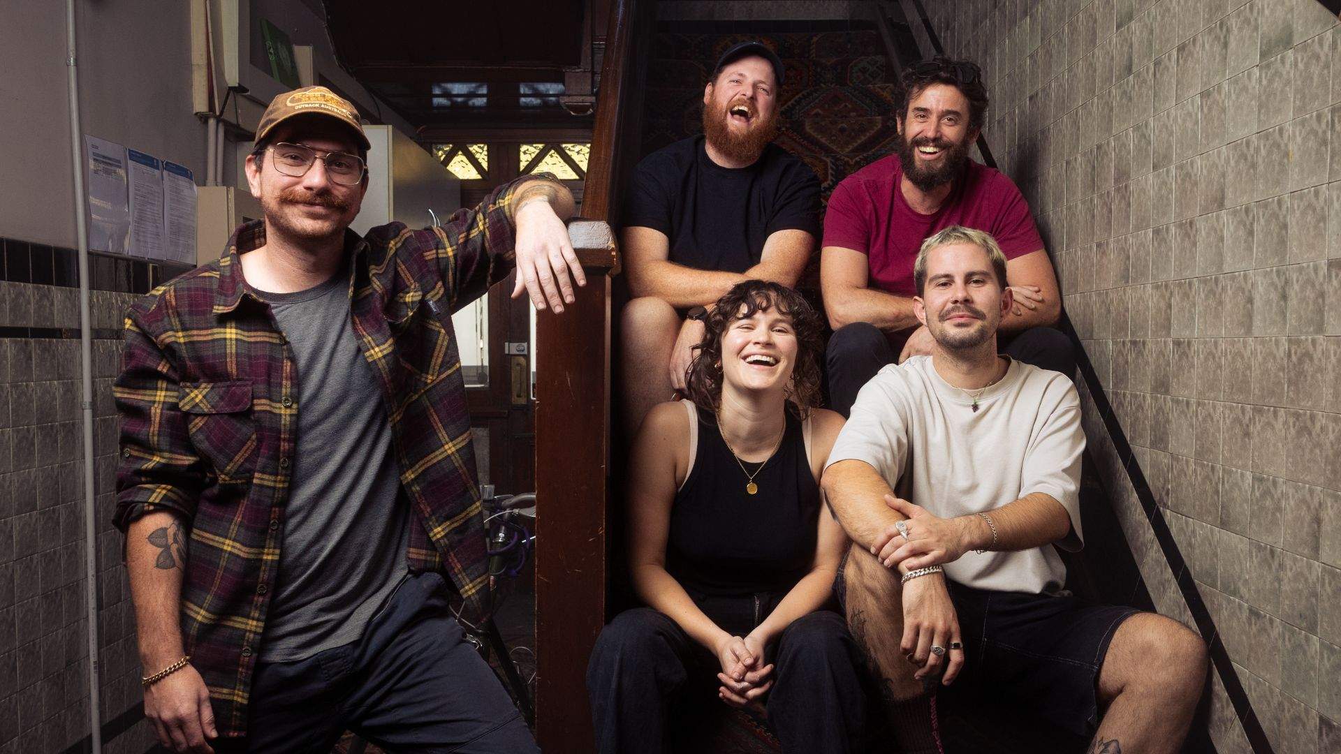 The five-person crew behind the reopening of The Bat & Ball Hotel in Redfern, including Rachael Paul, Cameron Votano, Zachary Godbolt, Daniel McBride and Dynn Szmulewicz.
