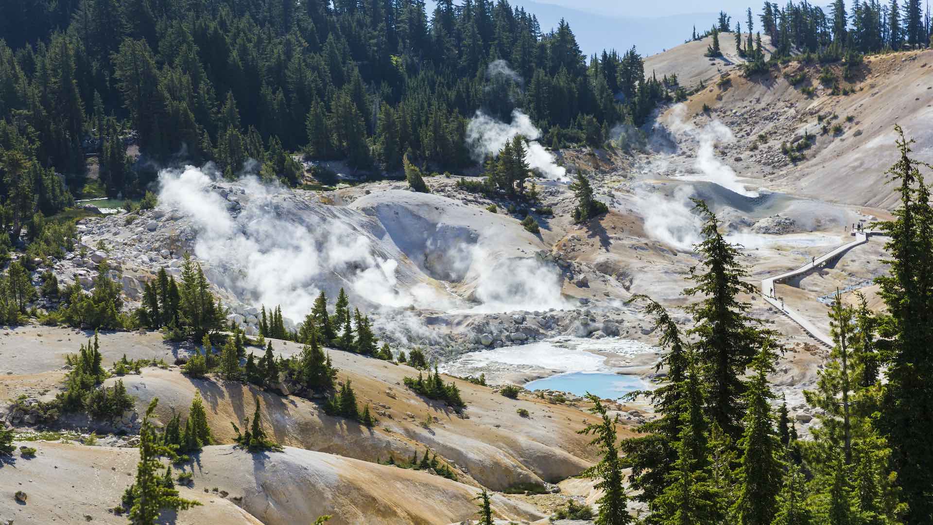 Landscape view of the geothermal features of Bumpass Hell in Lassen Volcanic National Park (California).