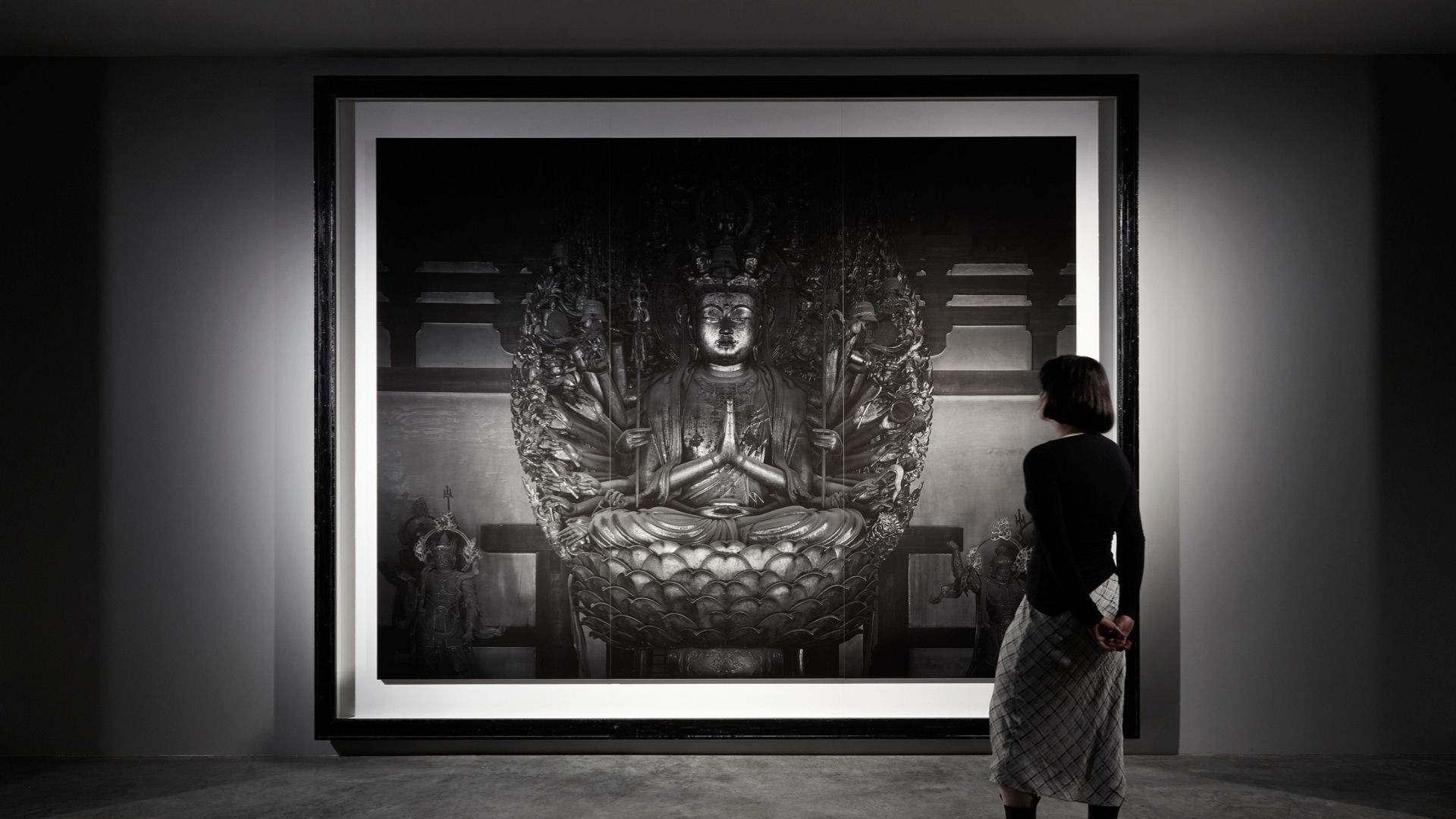 Hiroshi Sugimoto, Sea of Buddha 049 (Triptych) , 1995, installation view, Hiroshi Sugimoto: Time Machine , Museum of Contemporary Art Australia, 2024, gelatin silver print, image courtesy the artist and Museum of Contemporary Art Australia , © the artist, photograph: Zan Wimberley