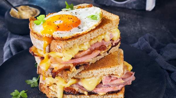 Croque madame sandwich made with Abbott's Bakery bread