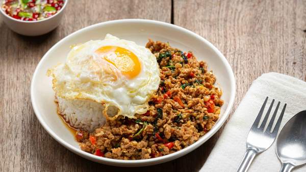 Thai food; Basil Minced Pork with rice and fried egg