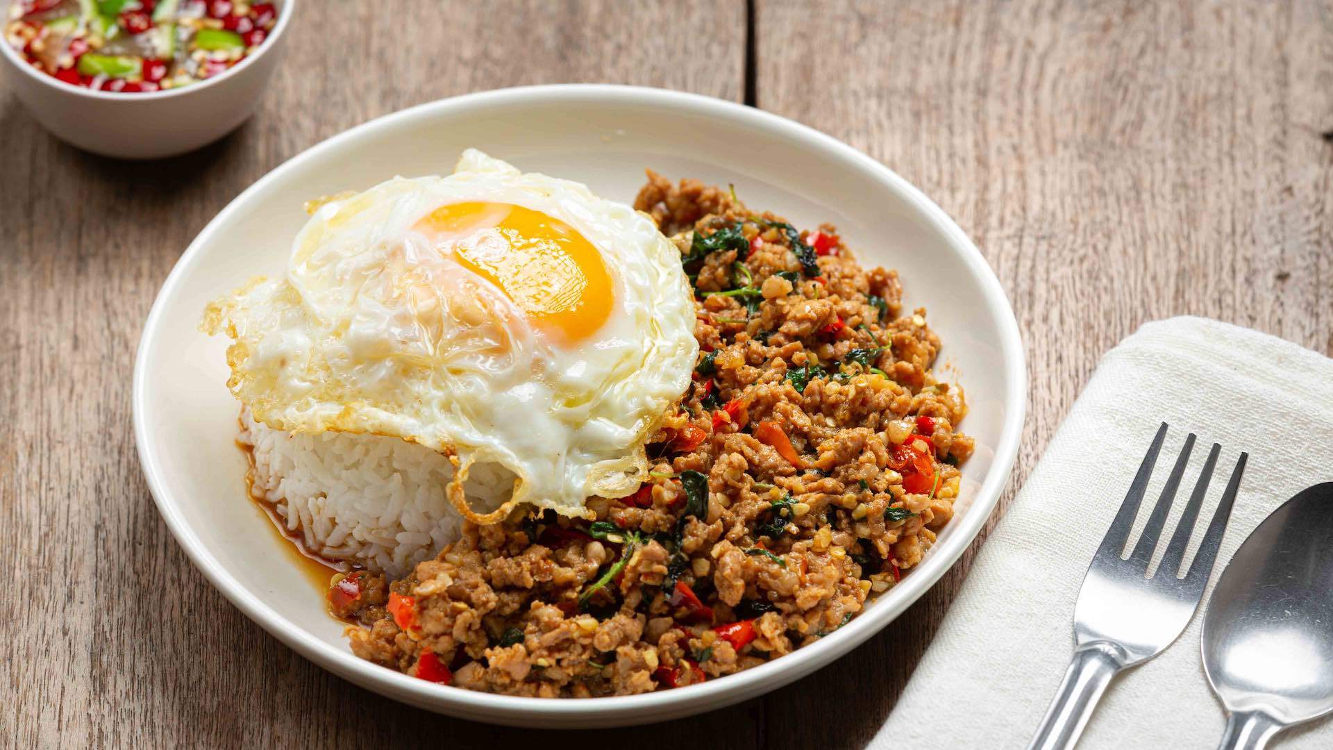 Thai food; Basil Minced Pork with rice and fried egg