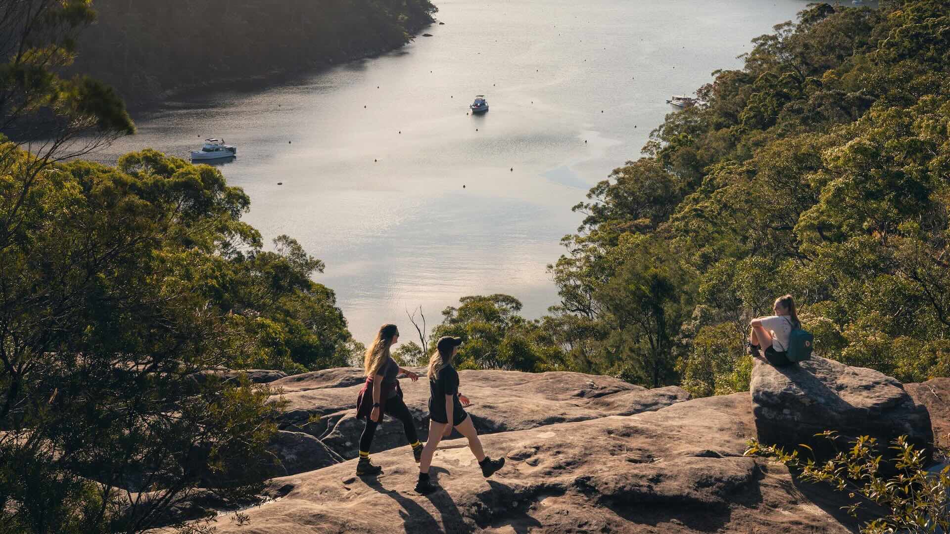 Friends enjojing the senic views across America Bay and Cowan Creek from the America Bay Walking Track, Ku-ring-gai Chase National Park.